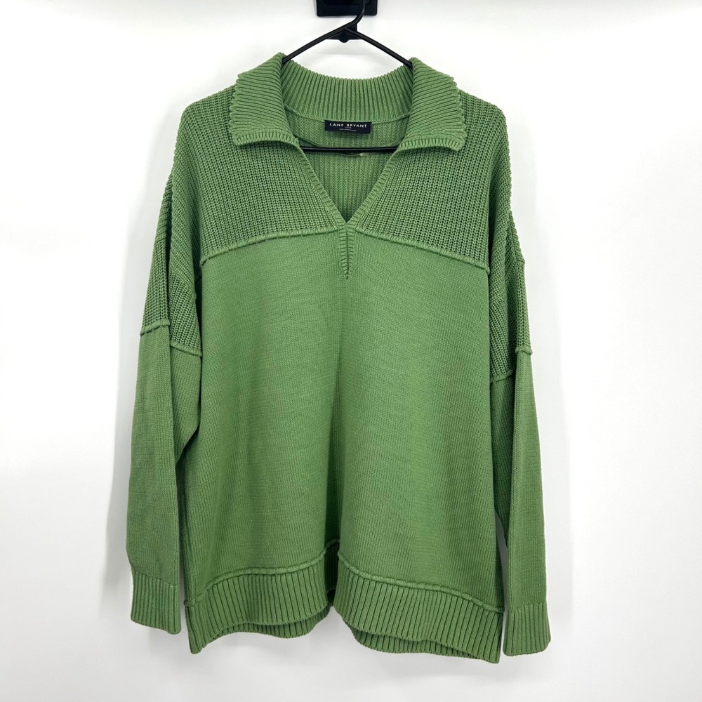Lane Bryant Womens Plus 18/20 Green Mixed Stitch Split V-Neck Pullover‎ Sweater